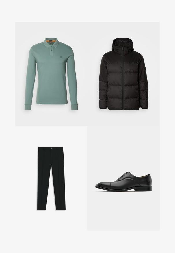 Schwarze Pufferjacke mit Reißverschluss, Kapuze, gesteppten Abschnitten und elastischen Bündchen, hergestellt aus einem glatten, wasserabweisenden Material.; BOSS PASSERBY - Poloshirt - open green; Schwarze Anzughosen mit geradem Bein, aus glattem Stoff. Mit Knopfverschluss vorne und Gürtelschlaufen. Schlicht ohne Muster.; Schwarze Leder-Dress-Schuhe mit glatter Textur, runder Zehenform und fünf Ösen. Sie verfügen über einen niedrigen, gestapelten Absatz und dezente Nahtdetails.