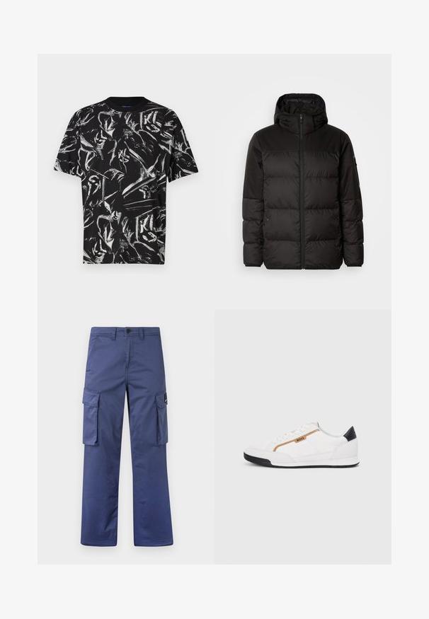 Čierna prešívaná bunda má zips, kapucňu, prešívané sekcie a elastické manžety, vyrobená z hladkého, vodeodolného materiálu.; Čierne tričko s krátkymi rukávmi s textúrovaným dizajnom a bielymi abstraktnými vzormi a značkovými akcentmi po celom povrchu. Štýl s okrúhlym výstrihom.; Námornícke cargo nohavice vyrobené z odolného materiálu, s bočnými vreckami, rovnými nohavicami a zapínaním na gombík v oblasti pásu.; Biele športové topánky s akcentmi z korku a kože. Obsahujú zlaté logo "BOSS", textúrované bočné panely a čierny pätník. Gumová podrážka.