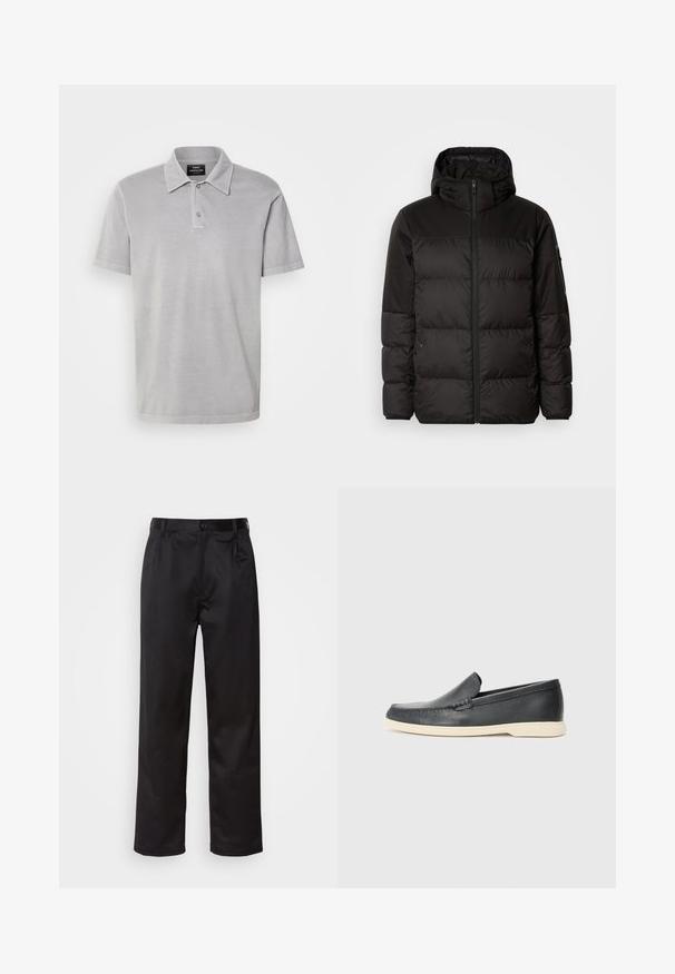 Černá péřová bunda má zipový uzávěr, kapuci, prošívané části a elastické manžety, vyrobená z hladkého, voděodolného materiálu.; Mads Nørgaard PIGMENT DYE - Polotričko - titanium; Černé kalhoty vyrobené z hladké tkaniny, se zapínáním na přední knoflík, sklady a rovnými nohavicemi. Bez viditelných vzorů nebo doplňků.; Černé kožené mokasíny na klínku s texturovaným povrchem a kontrastní béžovou gumovou podrážkou. Vyznačují se jemným akcentem podél přední části.