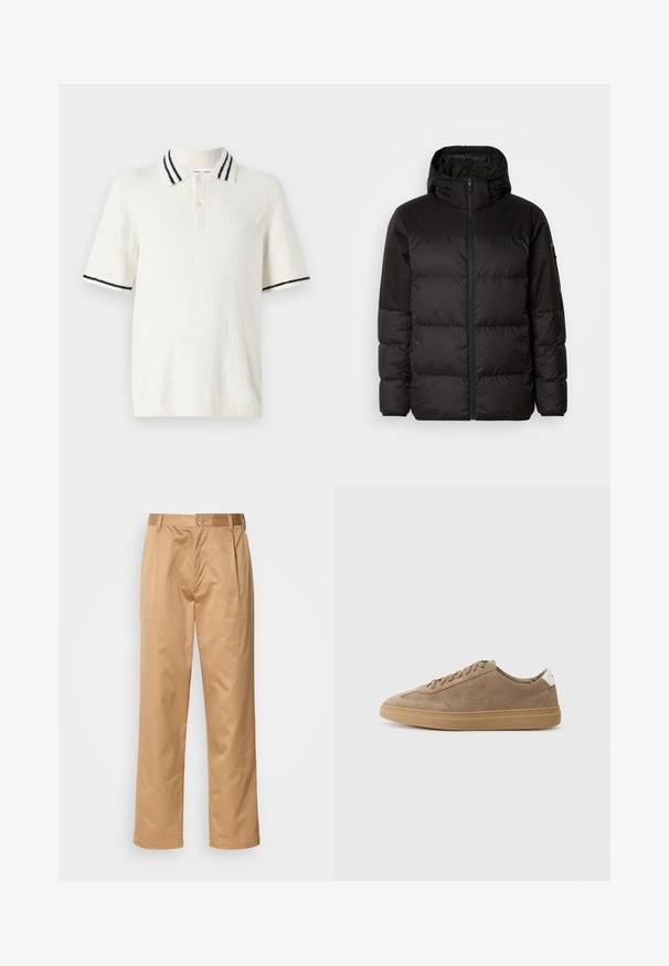 Črna zimska jakna ima zadrgo, kapuco, prešite odseke in elastične manšete, izdelana je iz gladkega, vodoodpornega materiala.; Polo majica s kratkimi rokavi v svetlo bež teksturiranem blagu, z pletenim ovratnikom z dvema črnima črtama in zapenjanjem na tri gumbe.; Kaki hlače, mešanica bombaža, oblik ravnih nogavic, sprednji pregibi, zanke za pas in gumbasto zapiranje. Gladka tekstura brez vzorcev.; Suede teniske v svetlo rjavi barvi z gumijastim podplatom. Imajo vezalni dizajn in minimalističen stil, poudarjen z belim petnim trakom.