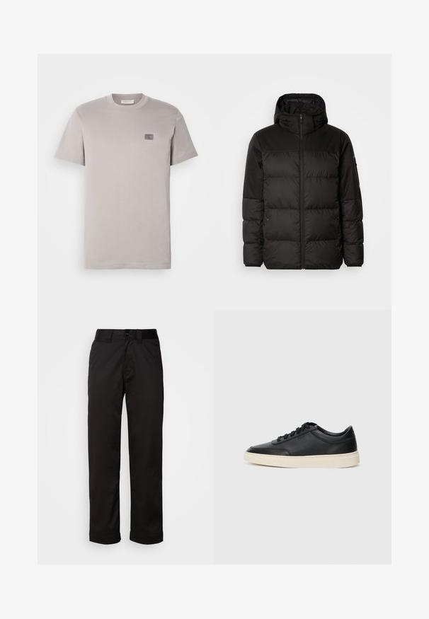 Black puffer jacket features a zip closure, a hood, quilted sections, and elastic cuffs, made from a smooth, water-resistant material.; Gray cotton t-shirt with a crew neckline, short sleeves, and a small branded patch on the chest. Soft texture, regular fit.; Black trousers made of smooth fabric, featuring a zip fly, button closure, and rolled cuffs for a casual design.; Black low-top leather sneaker with black laces and off-white sole shown in side profile on white background.