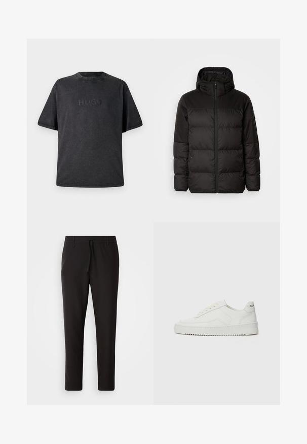 Black puffer jacket features a zip closure, a hood, quilted sections, and elastic cuffs, made from a smooth, water-resistant material.; Black short-sleeved t-shirt made of cotton with a round neckline. Features a debossed "HUGO" logo at the front. Smooth texture with stitching details.; Black jogger pants made of smooth fabric. Feature an elastic waistband with a drawstring, tapered legs, and no visible pockets. Simple design.; White leather sneaker with a smooth finish, round toe, flat laces, and a textured sole. Features a subtle logo on the heel.