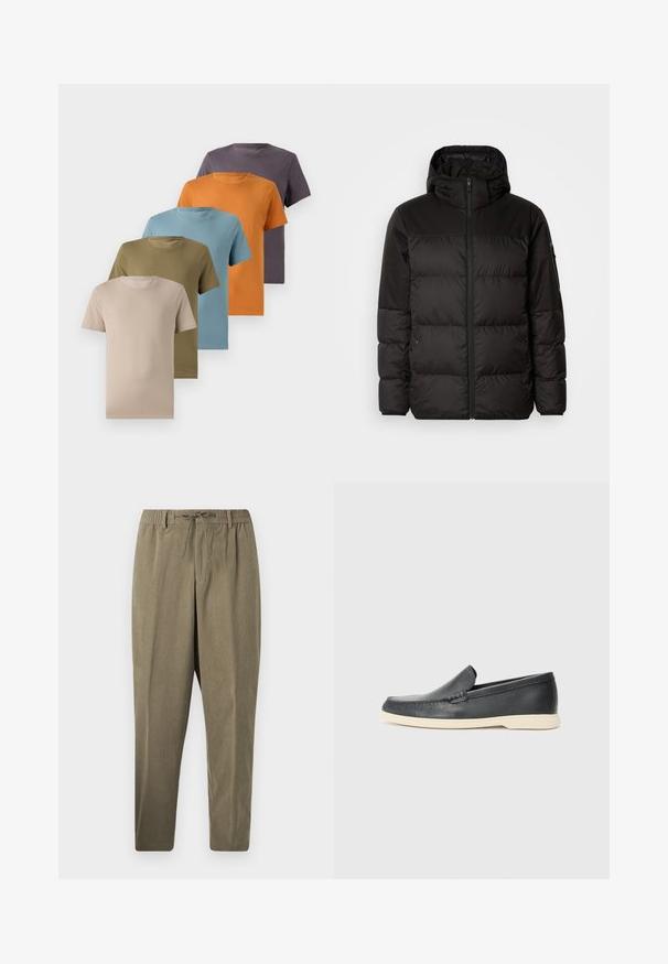 Čierna prešívaná bunda má zips, kapucňu, prešívané sekcie a elastické manžety, vyrobená z hladkého, vodeodolného materiálu.; Päť crew neck tričiek zobrazených v rade, vo farbách béžovej, olivovo zelenej, svetlo modrej, oranžovej a tmavofialovej. Hladká textúra tkaniny.; Taupe korduroy nohavice s elastickým pásom, pútka na opasok a sťahovacou šnúrkou, strih rovné nohavice na prázdnym bielym pozadí.; Čierne kožené slip-on mokasíny s textúrovaným povrchom a kontrastnou béžovou gumovou podrážkou. Obsahujú jemný akcent pozdĺž prednej časti.