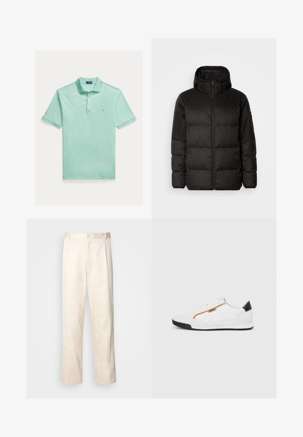 Czarna kurtka puchowa z zapięciem na zamek, kapturem, pikowanymi sekcjami i elastycznymi mankietami, wykonana z gładkiego, wodoodpornego materiału.; Polo Ralph Lauren Big & Tall - Koszulka polo; Beżowe bawełniane spodnie o prostym kroju nogawki, z zapięciem na guziki i plisami z przodu dla dodatkowego zdobienia.; Białe buty sportowe z siateczkowymi i skórzanymi akcentami. Posiadają złote logo "BOSS", teksturowane boczne panele i czapkę pięty w kolorze czarnym. Gumowa podeszwa.