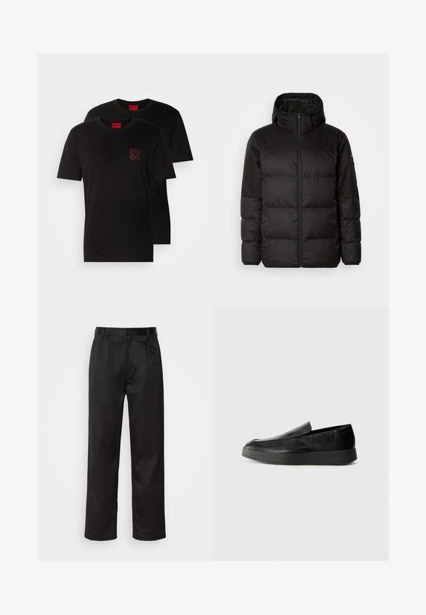 Mustikas puffer-jakk sisaldab tõmblukku, kapuutsi, tikandiga osi ja elastseid mansette, valmistatud siledast veekindlast materjalist.; Kaks musta puuvillast T-särki ümmarguse kaelusega. Rinnas punane "HUGO" logo. Lihtne disain, lühikesed varrukad ja tavaline istuvus.; Mustadest siledast kangast pükstest, millel on ees nupu sulgemine, voldid ja sirged sääred. Ei mingeid nähtavaid mustreid ega aktsente.; Calvin Klein HYBRID CUP - Jalga libistatavad jalanõud - triple black