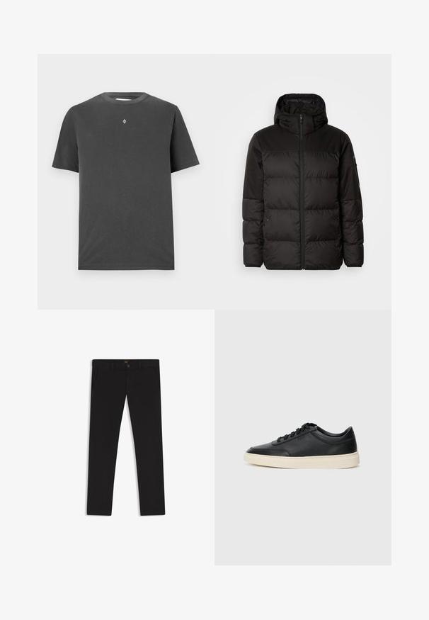 Schwarze Pufferjacke mit Reißverschluss, Kapuze, gesteppten Abschnitten und elastischen Bündchen, hergestellt aus einem glatten, wasserabweisenden Material.; Dunkelgraues Baumwoll-T-Shirt mit rundem Halsausschnitt und kurzen Ärmeln; verfügt über ein kleines, zentriertes Logo in Weiß auf der Brust.; Schwarze Hosen aus einem Stoff mit glatter текстуре. Verfügt über einen Knopfverschluss, Gürtelschlaufen und Seitentaschen. Klassisches Design mit geradem Bein.; Schwarzer niedriger Ledersneaker mit schwarzen Schnürsenkeln und cremefarbenem Sohlenrand, seitlich auf weißem Hintergrund dargestellt.