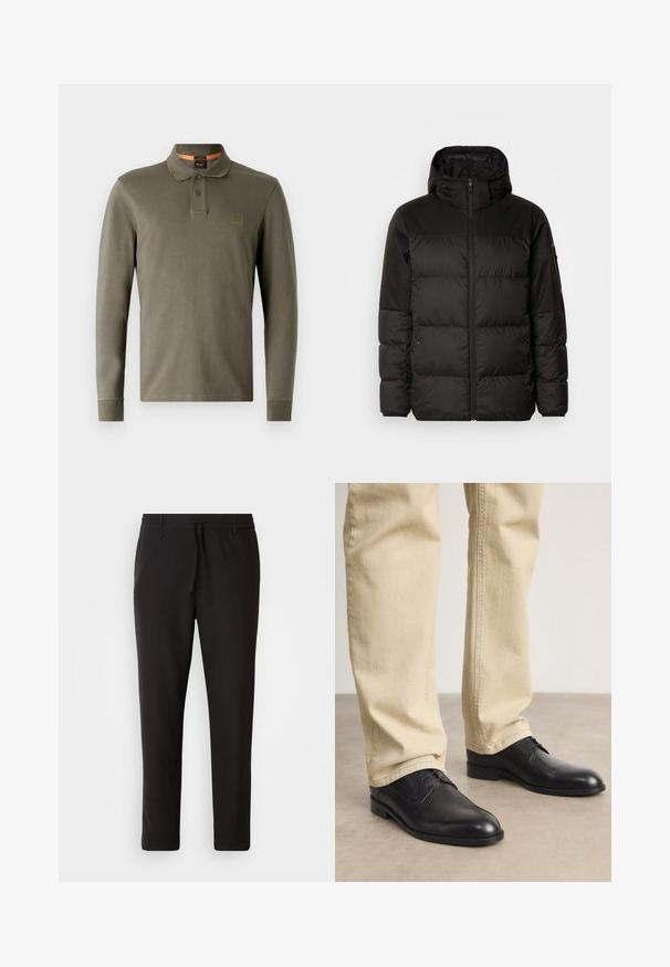 Il giubbotto puffo nero presenta una chiusura con zip, un cappuccio, sezioni trapuntate e polsini elastici, realizzato in un materiale liscio e resistente all'acqua.; Polo a maniche lunghe verde oliva realizzato in cotone morbido, con colletto classico, patta con due bottoni e una patch logo in rilievo.; Pantaloni jogger neri realizzati in tessuto liscio. Presentano una vita elasticizzata con stringa, gambe affusolate e senza tasche visibili. Design semplice.; Scarpe stringate in pelle nera con punta arrotondata, finitura liscia e dettagli di cucitura sottili, indossate con pantaloni beige chiaro.