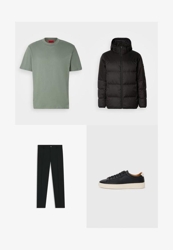 Sort pufferjakke med lynlås, hætte, quiltede sektioner og elastiske manchetter, lavet af et glat, vandafvisende materiale.; Grøn bomulds T-shirt, med rund hals, korte ærmer, og med et præget "HUGO" logo i en matchende skygge foran. Glat tekstur.; Sorte dressbukser med lige ben-design, lavet af glat stof. Har en frontlukning med knap og bæltestropper. Enkle uden mønstre.; Sorte lædersneakers med en glat overflade, beige gummisål, snørebåndsdesign og en kontrastfarvet hæl.
