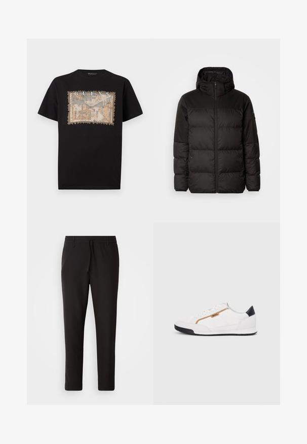 Černá péřová bunda má zipový uzávěr, kapuci, prošívané části a elastické manžety, vyrobená z hladkého, voděodolného materiálu.; Černé bavlněné tričko s texturovaným obdélníkovým grafickým potiskem v béžové a modré barvě, s tučným bílým textem "GUESS" a "LOS ANGELES".; Černé teplákové kalhoty vyrobené z hladké látky. Mají elastický pas se šňůrkou, zúžené nohavice a žádné viditelné kapsy. Jednoduchý design.; Bílé sportovní boty s akcenty z meshe a kůže. Mají zlaté logo "BOSS", texturované boční panely a černý podpatek. Gumová podrážka.
