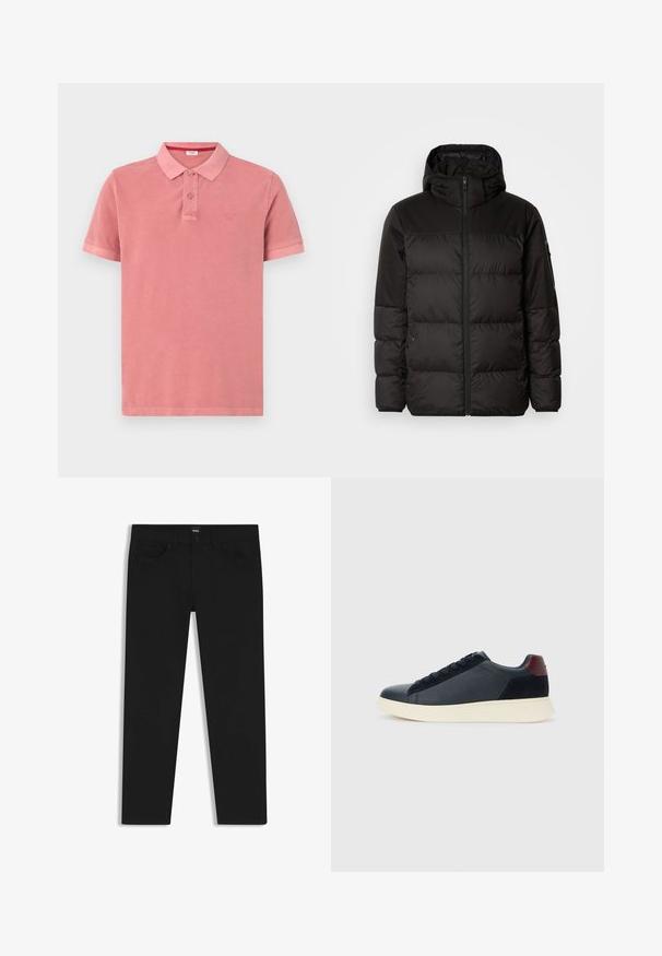 Il giubbotto puffo nero presenta una chiusura con zip, un cappuccio, sezioni trapuntate e polsini elastici, realizzato in un materiale liscio e resistente all'acqua.; Polo in cotone rosa pallido, con colletto classico, patta con due bottoni e un piccolo logo ricamato sul petto.; Pantaloni in denim nero con taglio dritto, dotati di vita standard, cinque tasche e chiusura con bottone. Texture liscia su tutta la superficie.; Sneaker da uomo a basso profilo in pelle nera e suede con linguetta sul tallone color bordeaux e suola in gomma bianca, vista dal lato esterno.