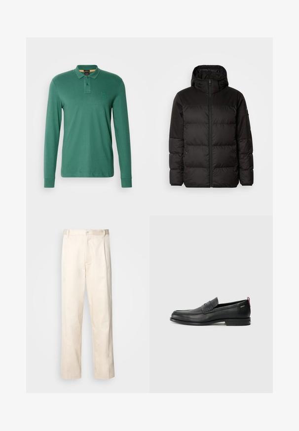 Czarna kurtka puchowa z zapięciem na zamek, kapturem, pikowanymi sekcjami i elastycznymi mankietami, wykonana z gładkiego, wodoodpornego materiału.; Koszulka polo z długim rękawem w zielonym kolorze, wykonana z bawełny, z dwuprzyciskowym zapięciem i subtelną naszywką z logo na piersi. Miękka tekstura, klasyczny krój.; Beżowe bawełniane spodnie o prostym kroju nogawki, z zapięciem na guziki i plisami z przodu dla dodatkowego zdobienia.; Czarne skórzane mokasyny z teksturowanym frontem i gładkimi bokami. Posiadają smukłą podeszwę i tylną pętelkę dla łatwego zakładania. Klasyczny design.