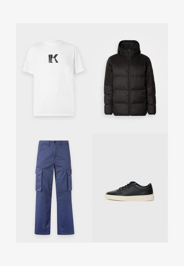 A jaqueta puffer preta apresenta um fecho zip, um capuz, secções acolchoadas e punhos elásticos, confeccionada em um material liso e resistente à água.; T-shirt de algodão branco com um design gráfico preto apresentando a letra "K" e uma silhueta de perfil na frente. Manga curta e decote redondo.; Calças cargo da marinha feitas de um tecido durável, apresentando bolsos laterais, um design de perna reta e um fecho de botão na cintura.; Sapatilha preta de cano baixo em pele com atacadores pretos e sola off-white, apresentada em perfil lateral sobre fundo branco.
