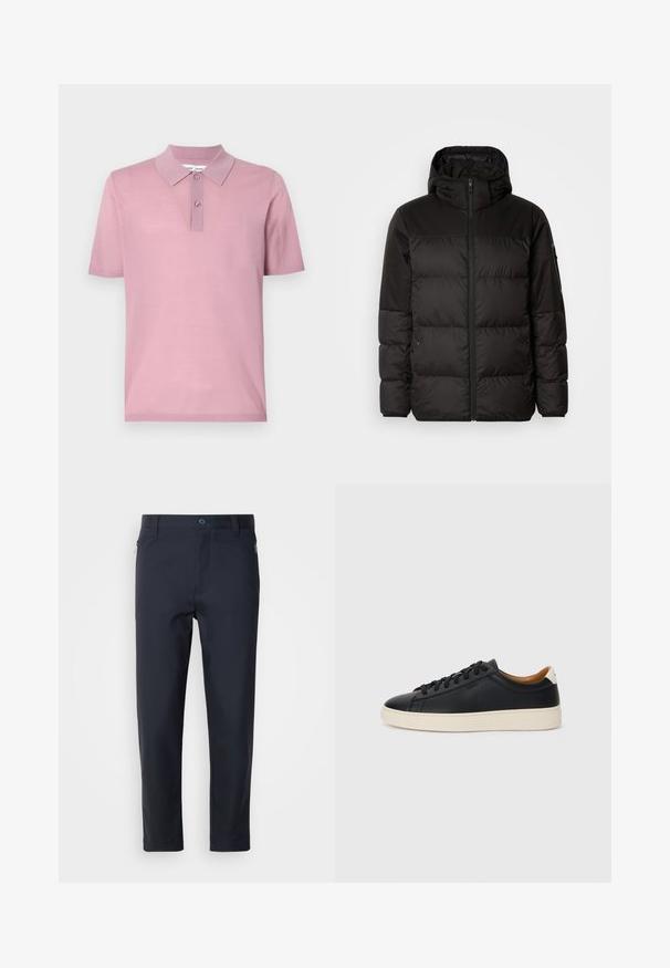 Mustikas puffer-jakk sisaldab tõmblukku, kapuutsi, tikandiga osi ja elastseid mansette, valmistatud siledast veekindlast materjalist.; Lühikeste varrukate ja kerge roosa polo särk. Omab klassikalist krae koos kahe nupu õmblusega. Valmistatud pehmest ja siledast kudumaterjalist.; Tumed sinised kohandatud püksid, mis on valmistatud siledast kangast. Neil on lukuga tasku, sirged jalad ja nupuga sulgus vööosas.; Mustad nahast tennised sujuva pindadega, beež kummist tallaga, paelaga kinnitamine ja kontrastse kanna aktsendiga.