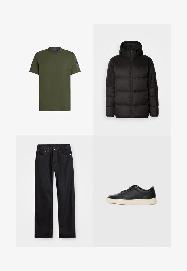 A fekete steppelt dzseki cipzáros záródással, kapucnival, steppelt részekkel és rugalmas mandzsettákkal rendelkezik, sima, vízálló anyagból készült.; Olíva zöld, rövid ujjú pamut póló. Kerek nyakkivágással és egy kis fekete címkével a bal ujján. Simaság jellemzi.; Férfi egyenes szabású fekete farmernadrág öt zsebbel és narancssárga varrással, gombos és cipzáros záródással elöl.; Fekete, alacsony szárú bőrsneaker fekete fűzőkkel és törtfehér talppal, oldalnézetben, fehér háttér előtt.
