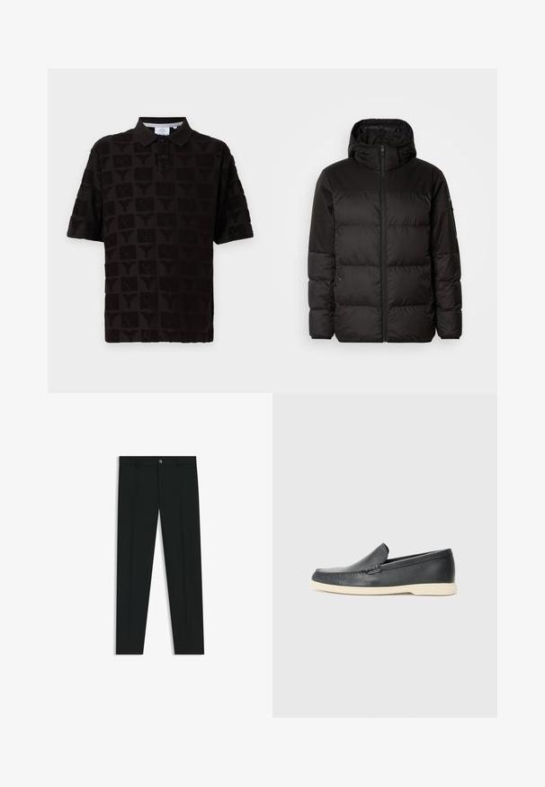 Czarna kurtka puchowa z zapięciem na zamek, kapturem, pikowanymi sekcjami i elastycznymi mankietami, wykonana z gładkiego, wodoodpornego materiału.; Czarna koszulka polo z teksturowanym wzorem z powtarzającymi się motywami. Kołnierzyk zapinany na guziki z trzema guzikami oraz krótkie rękawy.; Czarne spodnie materiałowe z prostymi nogawkami, wykonane z gładkiego materiału. Posiadają zamek na guzik z przodu oraz szlufki na pasek. Gładkie, bez wzorów.; Czarne skórzane slip-ony w stylu loafers z teksturowanym wykończeniem i kontrastującą beżową gumową podeszwą. Posiadają delikatny akcent wzdłuż przodu.