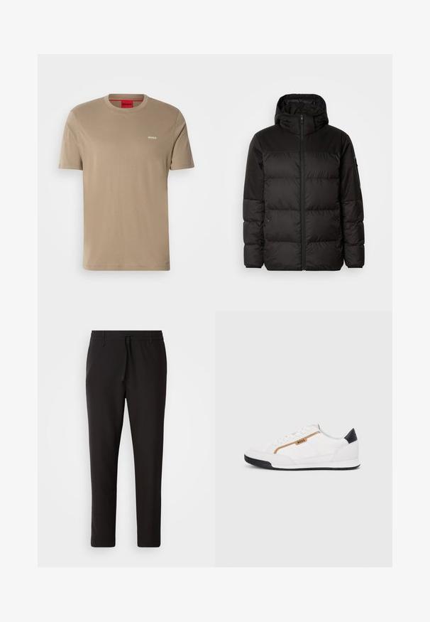 Čierna prešívaná bunda má zips, kapucňu, prešívané sekcie a elastické manžety, vyrobená z hladkého, vodeodolného materiálu.; Béžové bavlnené tričko s okrúhlym výstrihom, krátkymi rukávmi a malým zeleným logom "HUGO" na hrudi. Hladká textúra, voľný strih.; Čierne jogger nohavice vyrobené z hladkej tkaniny. Majú elastický pás s šnúrkou, zúžené nohavice a žiadne viditeľné vrecká. Jednoduchý dizajn.; Biele športové topánky s akcentmi z korku a kože. Obsahujú zlaté logo "BOSS", textúrované bočné panely a čierny pätník. Gumová podrážka.