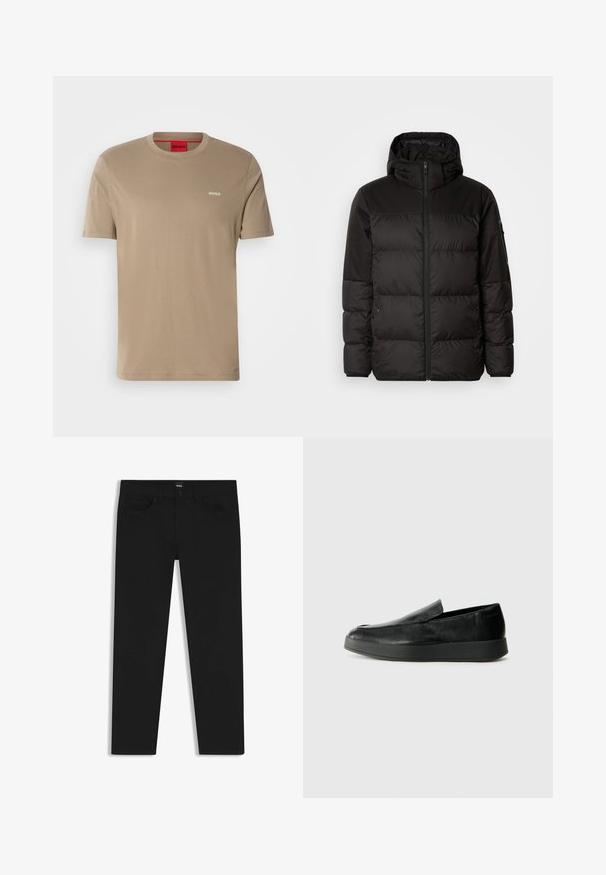 Musta puhvijakku sisältää vetoketjun, hupun, tilkuista koostuvia osioita ja joustavat hihansuut. Se on valmistettu sileästä, vedenpitävästä materiaalista.; Beige puuvillane T-särk ümarate kaelustega, lühikeste varrukatega ja väikese rohelise "HUGO" logoga rinnal. Sile tekstuur, juhuslik lõige.; Musta farkkutakki suoran leikkauksen kanssa, varustettuna tavallisella vyötäröllä, viidellä taskulla ja nappisulkimella. Yhtenäinen sileä pinta.; Calvin Klein HYBRID CUP - Loaferit/pistokkaat - triple black