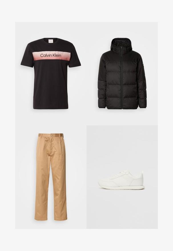 Juodas pūkinis švarkas turi užtrauktuką, gobtuvą, siūlinčius skyrius ir elastinius rankogalius, pagamintas iš lygaus, vandeniui atsparaus medžiagos.; Juodas medvilnės marškinėliai su rožiniu gradientiniu dryžiu per krūtinę, ant kurio juodai spausdintas "Calvin Klein", su apvalia iškirpte ir trumpomis rankovėmis.; Kaki kelnės, medvilnės mišinys, tiesaus kirpimo dizainas, priekiniai raukiniai, diržo kilpos ir mygtuko uždarymas. Lygus audinys be raštų.; Balti sportbačiai su tinkline ir sintetine viršutine dalimi, apvaliu nosiu, plokščiomis raištelėmis ir tekstūruota šonine juosta. Guma, kurios padas su vilkimo kilpute gale.