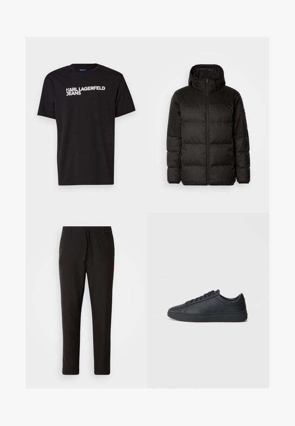 A jaqueta puffer preta apresenta um fecho zip, um capuz, secções acolchoadas e punhos elásticos, confeccionada em um material liso e resistente à água.; T-shirt preta de algodão com mangas curtas e decote redondo, apresentando o texto branco "KARL LAGERFELD JEANS" diagonalmente na frente.; Calças de jogging pretas feitas de tecido liso. Apresentam uma cintura elástica com cordão, pernas ligeiramente ajustadas e sem bolsos visíveis. Design simples.; Ténis pretos feitos de couro liso com um design de cano baixo, bico redondo e sola de borracha plana. Apresentam atacadores e uma marcação discreta.