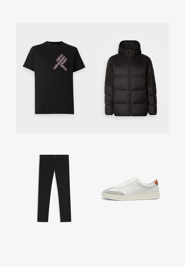 Musta puhvijakku sisältää vetoketjun, hupun, tilkuista koostuvia osioita ja joustavat hihansuut. Se on valmistettu sileästä, vedenpitävästä materiaalista.; Mustat puuvillaiset t-paidat, joissa on vinosti pinkki "calvin klein" -logoscreeni edessä. Lyhyet hihat ja pyöreä kaula-aukko.; Mustat housut, jotka on valmistettu sileätekstiilisestä kankaasta. Varustettu nappikiinnityksellä, vyölenkeillä ja sivutaskuilla. Standardi suora lahjemalli.; Valkoiset nahkakengät, joissa on harmaat mikrokuituakkentit ja vaaleanruskea nahkakanta. Ominaisuuksiin kuuluu teksturoitu pinta ja kevyt pohja.