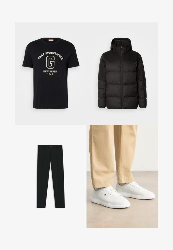 Black puffer jacket features a zip closure, a hood, quilted sections, and elastic cuffs, made from a smooth, water-resistant material.; Navy cotton t-shirt with round neckline and short sleeves. Features white print reading "GANT SPORTSWEAR," "NEW HAVEN," and "1949."; Black dress pants with a straight-leg design, made of smooth fabric. Features a front button closure and belt loops. Plain without patterns.; White leather sneakers with a smooth finish, featuring round toe, lace-up design, and subtle logo detail on the side, paired with beige pants.