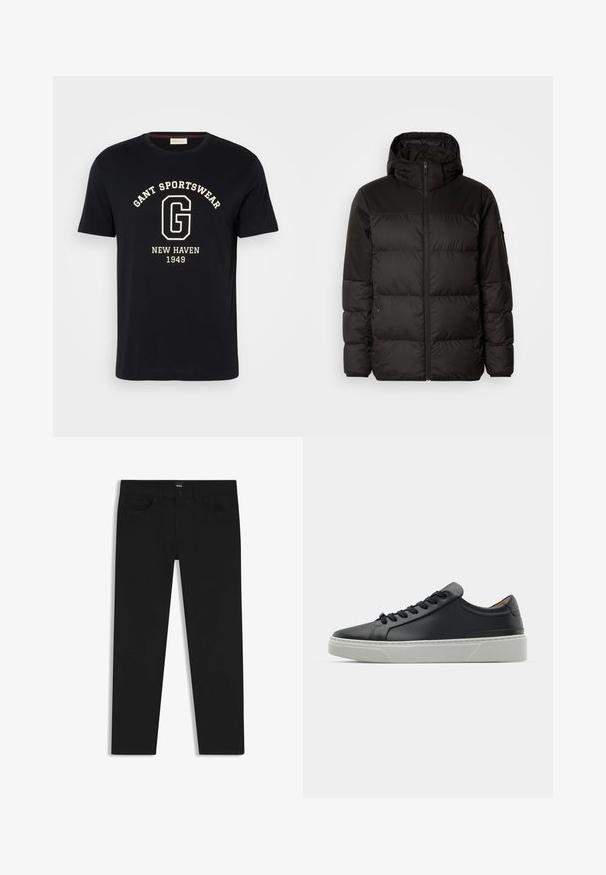 Svart puffjacka med blixtlås, huva, quiltade sektioner och elastiska mudd, tillverkad av ett slätt, vattentåligt material.; Marinblå bomullströja med rund halsringning och korta ärmar. Har vit text som står "GANT SPORTSWEAR," "NEW HAVEN," och "1949."; Svarta denimbyxor med rak passform, med en standard midja, fem fickor och knäppning med knapp. Slät yta genomgående.; Svart lädersneaker med en slät yta, rund tå och svarta skosnören. Har en tjock, vit gummisula med subtila geometriska accenter.