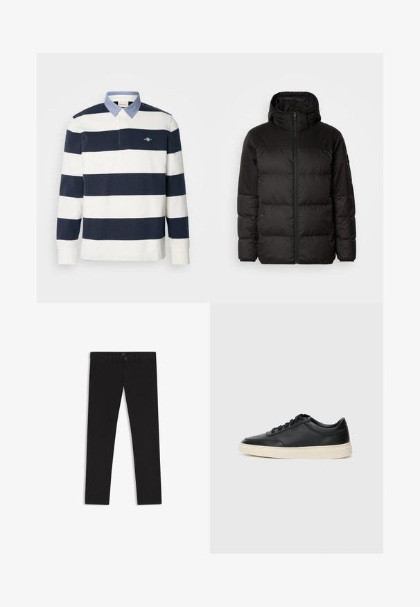 Il giubbotto puffo nero presenta una chiusura con zip, un cappuccio, sezioni trapuntate e polsini elastici, realizzato in un materiale liscio e resistente all'acqua.; Polo a maniche lunghe con righe orizzontali blu e bianche, colletto in denim blu e un piccolo logo sul petto.; Pantaloni neri realizzati in tessuto con una superficie liscia. Presentano una chiusura con bottone, passanti per cintura e tasche laterali. Design a gamba dritta standard.; Sneaker in pelle nera a basso profilo con lacci neri e suola avorio, mostrato di profilo su sfondo bianco.