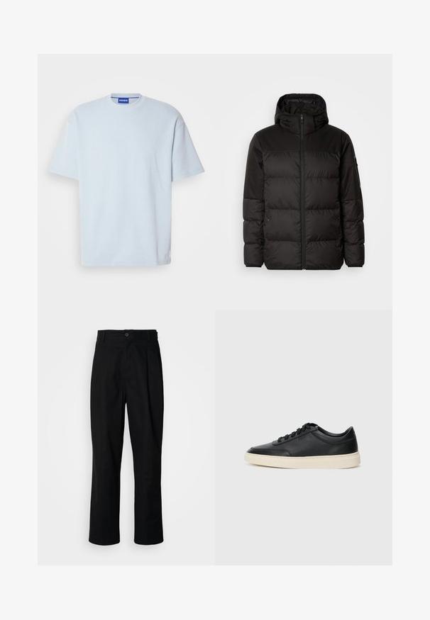 Černá péřová bunda má zipový uzávěr, kapuci, prošívané části a elastické manžety, vyrobená z hladkého, voděodolného materiálu.; Světle modré žebrované tričko s kulatým výstřihem a krátkými rukávy. Má regular fit a jemný logo akcent na lemu.; Černé kalhoty s rovnými nohavicemi, s páskem na knoflíky, poutky na opasek a předními záhyby, vystavené na jednoduchém bílém pozadí.; Černé kožené nízké tenisky s černými tkaničkami a slonovinovou podešví, zobrazené v bočním profilu na bílém pozadí.
