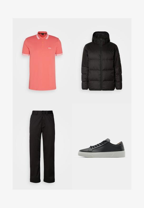 Musta puhvijakku sisältää vetoketjun, hupun, tilkuista koostuvia osioita ja joustavat hihansuut. Se on valmistettu sileästä, vedenpitävästä materiaalista.; BOSS PADDY - Pikeepaita - open red six; Mustat housut, jotka on valmistettu sileästä kankaasta. Ne sisältävät vetoketjukiinnityksen, napin sulkemisen sekä käärityt lahkeet rentoa muotoilua varten.; Mustat nahkakengät, joissa on sileä pinta, pyöreä kärki ja mustat nauhat. Varustettu paksulla, valkoisella kumipohjalla, jossa on hienovaraisia geometrisia yksityiskohtia.