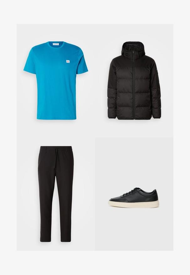 Juodas pūkinis švarkas turi užtrauktuką, gobtuvą, siūlinčius skyrius ir elastinius rankogalius, pagamintas iš lygaus, vandeniui atsparaus medžiagos.; Turkio spalvos medvilnės marškinėliai su trumpomis rankovėmis, apvalia iškirpte ir mažu baltu logotipo ženklu ant krūtinės. Lygus paviršius ir laisvas kirpimas.; Juodi džinsai, pagaminti iš lygaus audinio. Yra elastinė juosmens juosta su raišteliu, siaurėjantys džinsai, be matomų kišenių. Paprastas dizainas.; Juoda žema viršutinė odinė sportbačiai su juodais raišteliais ir kreminiu padu, pateikti šoniniame profilyje ant baltos fono.