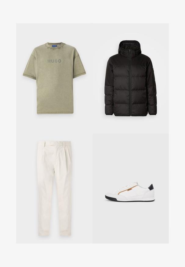 Čierna prešívaná bunda má zips, kapucňu, prešívané sekcie a elastické manžety, vyrobená z hladkého, vodeodolného materiálu.; Olive zelené bavlnené tričko s krátkymi rukávmi, okrúhlym výstrihom a vystúpeným logom "HUGO" na prednej strane. Jemná textúra a čisté línie.; Biele plisované nohavice s prispôsobeným strihom, s hladkou textúrou, pútkami na opasok a zúženými nohavicami. Žiadne viditeľné vrecká ani vzory.; Biele športové topánky s akcentmi z korku a kože. Obsahujú zlaté logo "BOSS", textúrované bočné panely a čierny pätník. Gumová podrážka.