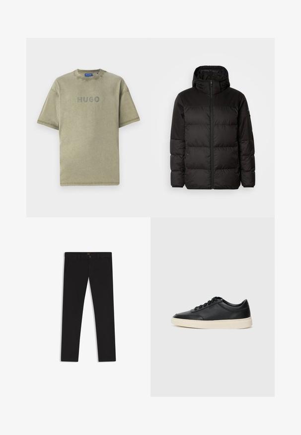 Schwarze Pufferjacke mit Reißverschluss, Kapuze, gesteppten Abschnitten und elastischen Bündchen, hergestellt aus einem glatten, wasserabweisenden Material.; Olivgrünes Baumwoll-T-Shirt mit kurzen Ärmeln, Rundhalsausschnitt und erhabenem "HUGO"-Logo auf der Vorderseite. Dezente Textur und klare Linien.; Schwarze Hosen aus einem Stoff mit glatter текстуре. Verfügt über einen Knopfverschluss, Gürtelschlaufen und Seitentaschen. Klassisches Design mit geradem Bein.; Schwarzer niedriger Ledersneaker mit schwarzen Schnürsenkeln und cremefarbenem Sohlenrand, seitlich auf weißem Hintergrund dargestellt.