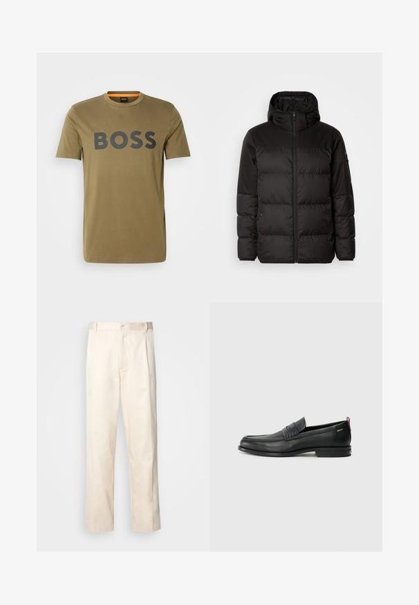 A jaqueta puffer preta apresenta um fecho zip, um capuz, secções acolchoadas e punhos elásticos, confeccionada em um material liso e resistente à água.; T-shirt verde-oliva feita de algodão com decote redondo, apresentando um grande logotipo preto "BOSS" na parte frontal e mangas curtas.; Calças de algodão bege com corte reto, apresentando um fecho de botão e pregas na frente para um detalhe adicional.; Mocassins de couro pretos com um painel frontal texturizado e laterais lisas. Apresentam um salto fino e uma alça na parte de trás para fácil colocação. Design clássico.