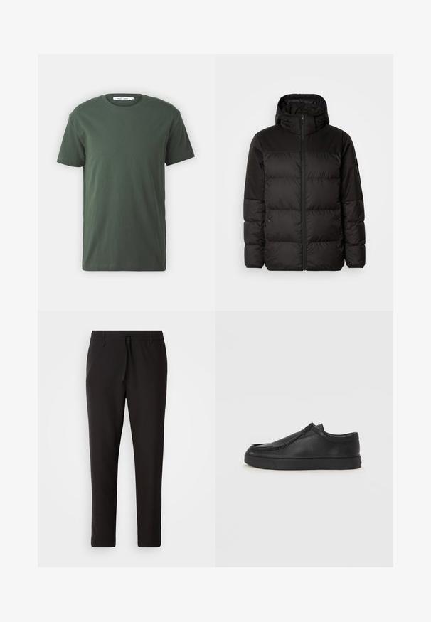 Il giubbotto puffo nero presenta una chiusura con zip, un cappuccio, sezioni trapuntate e polsini elastici, realizzato in un materiale liscio e resistente all'acqua.; T-shirt in cotone verde scuro, maniche corte, scollo rotondo, vestibilità rilassata, design semplice e texture liscia senza motivi o accenti visibili.; Pantaloni jogger neri realizzati in tessuto liscio. Presentano una vita elasticizzata con stringa, gambe affusolate e senza tasche visibili. Design semplice.; Scarpa slip-on in pelle nera con punta arrotondata, dettagli cuciti e suola in gomma nera. Texture liscia con design minimalista.