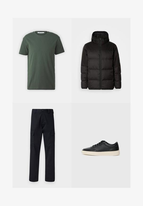 Crna puf jakna ima zatvaranje na zip, kapuljaču, kviltane dijelove i elastične manžete, izrađena je od glatkog, vodootpornog materijala.; Tamnozelena pamučna majica, kratki rukavi, okrugli izrez, opušteni kroj, jednostavan dizajn i glatka tekstura bez vidljivih uzoraka ili detalja.; Crne cargo hlače od čvrstog materijala, s ravnim krojem, dva bočna džepa i dugmetom za zatvaranje na pojasu.; Crne niske kožne tenisice s crnim vezicama i kremasto bijelom potplatom prikazane u bočnom profilu na bijeloj pozadini.