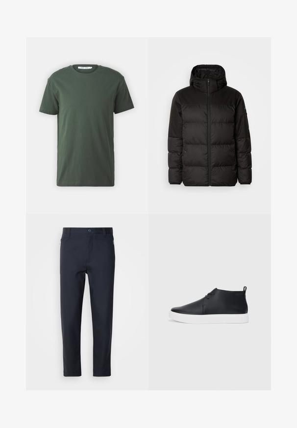 Černá péřová bunda má zipový uzávěr, kapuci, prošívané části a elastické manžety, vyrobená z hladkého, voděodolného materiálu.; Tmavě zelené bavlněné tričko, krátké rukávy, kulatý výstřih, uvolněný střih, jednoduchý design a hladká textura bez viditelných vzorů nebo akcentů.; Navy modré kalhoty na míru vyrobené z hladké tkaniny, s kapsou na zip, rovnými nohavicemi a knoflíkovým zapínáním v pase.; Černé kožené vysoké tenisky s hladkým povrchem, bílou gumovou podrážkou a jednoduchým šněrováním. Obsahují poutko na zadní straně.