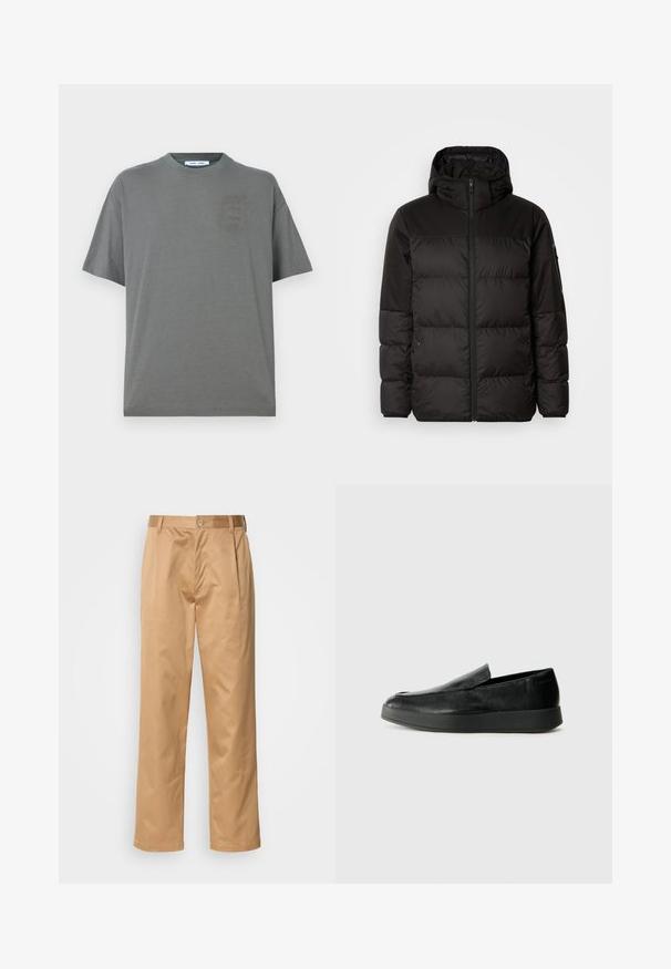 Geacă puffer neagră cu închidere cu fermoar, glugă, secțiuni quilted și manșete elastice, realizată dintr-un material neted, rezistent la apă.; Tricou din bumbac gri cu guler rotund, mâneci scurte și un logo mic, subtil pe față. Design simplu cu o croială lejeră.; Pantaloni kaki, amestec de bumbac, croială drept, cu pliuri frontale, bucle pentru curea și închidere cu nasture. Textură netedă, fără modele.; Calvin Klein HYBRID CUP - Pantofi slip-on - triple black