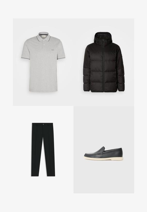 Schwarze Pufferjacke mit Reißverschluss, Kapuze, gesteppten Abschnitten und elastischen Bündchen, hergestellt aus einem glatten, wasserabweisenden Material.; Graues Poloshirt aus weichem Stoff mit einer Knopfleiste mit zwei Knöpfen, marineblauen Akzenten am Kragen und an den Ärmeln sowie dezentem Logo-Stick.; Schwarze Anzughosen mit geradem Bein, aus glattem Stoff. Mit Knopfverschluss vorne und Gürtelschlaufen. Schlicht ohne Muster.; Schwarze Leder-Slipper mit strukturiertem Finish und einer kontrastierenden beige Gummisohle. Mit einem dezenten Akzent an der Vorderseite.