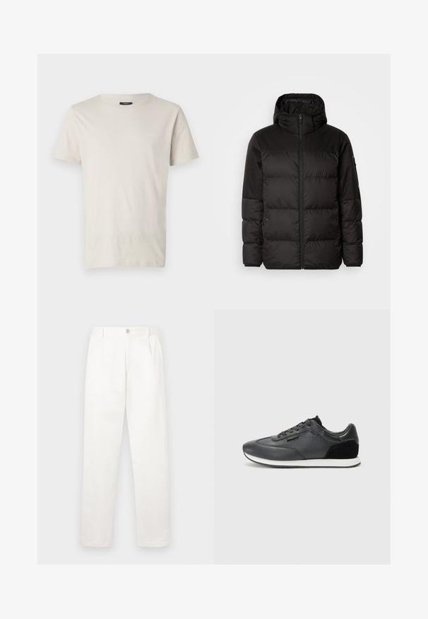 Musta puhvijakku sisältää vetoketjun, hupun, tilkuista koostuvia osioita ja joustavat hihansuut. Se on valmistettu sileästä, vedenpitävästä materiaalista.; Vaaleanbeige T-paita, joka on valmistettu puuvillasta, ja siinä on pyöreä kaula-aukko ja lyhyet hihat. Vasemmassa rinnassa on brodeerattu logo hillityssä sävyssä.; Valkeat housut, jotka on valmistettu sileästä kankaasta, suoran lahkeiden muotoilun, etupleettien ja vyötäröllä olevan yksittäisen nappikiinnityksen kanssa.; Mustat urheilukengät, joissa on nahkainen yläosa, lävistyksillä, mokkanahka-akselit ja valkoinen kumipohja. Klassinen nauhoitussuunnittelu.