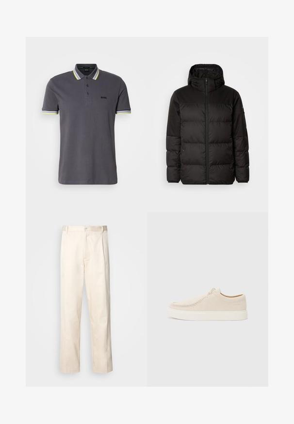 A jaqueta puffer preta apresenta um fecho zip, um capuz, secções acolchoadas e punhos elásticos, confeccionada em um material liso e resistente à água.; Camisa polo cinza feita de algodão com uma pala de três botões, apresentando detalhes em amarelo e branco em riscas contrastantes no colarinho e nas mangas.; Calças de algodão bege com corte reto, apresentando um fecho de botão e pregas na frente para um detalhe adicional.; Sapatilha de camurça bege clara com bico arredondado, costura mínima e sola de borracha branca. Apresenta um fecho de atacadores simples e um detalhe de marca.