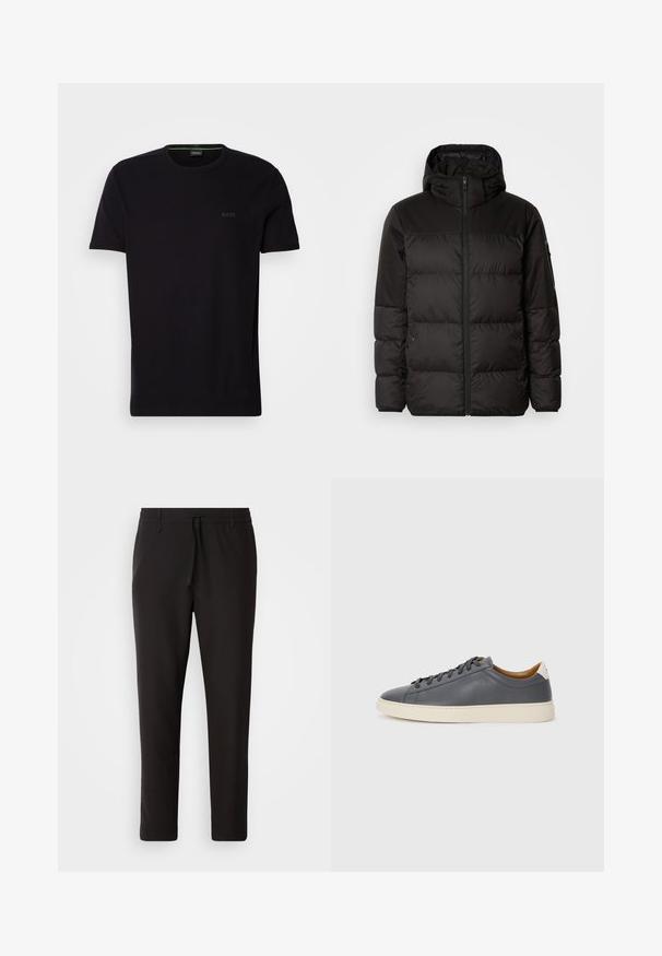 A jaqueta puffer preta apresenta um fecho zip, um capuz, secções acolchoadas e punhos elásticos, confeccionada em um material liso e resistente à água.; T-shirt preta de algodão com decote redondo, mangas curtas e um logotipo em relevo discreto na área do peito. Textura suave, design simples.; Calças de jogging pretas feitas de tecido liso. Apresentam uma cintura elástica com cordão, pernas ligeiramente ajustadas e sem bolsos visíveis. Design simples.; Sapatilha de couro cinza com biqueira redonda, sola de borracha, atacadores planos e detalhes de cor clara no calcanhar. Textura suave e design minimalista.