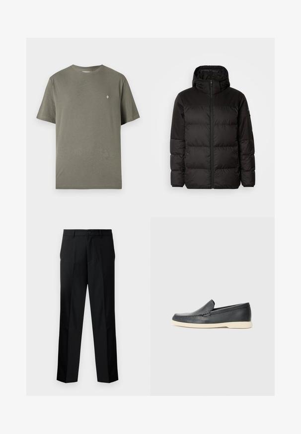 Črna zimska jakna ima zadrgo, kapuco, prešite odseke in elastične manšete, izdelana je iz gladkega, vodoodpornega materiala.; Olivnozeleni bombažni T-shirt z okroglim izrezom, kratkimi rokavi in majhno belo logo na prsih. Preprost, neokrašen dizajn.; Črne hlače z ravnim krojem, s zapiranjem na gumb, zadrgo in obrobo za pas. Gladek material z stranskima žepoma.; Črne usnjene natikače z teksturiranim zaključkom in kontrastno bež gumo na podplatu. Imajo subtilen naglas vzdolž sprednje strani.