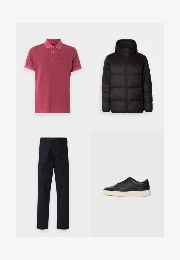 Black puffer jacket features a zip closure, a hood, quilted sections, and elastic cuffs, made from a smooth, water-resistant material.; Short-sleeve polo shirt in burgundy cotton. Features a classic collar, two buttons, and a small embroidered logo on the chest.; Black cargo pants made of sturdy fabric, featuring a straight-leg cut, two side pockets, and a button closure at the waistband.; Black low-top leather sneaker with black laces and off-white sole shown in side profile on white background.