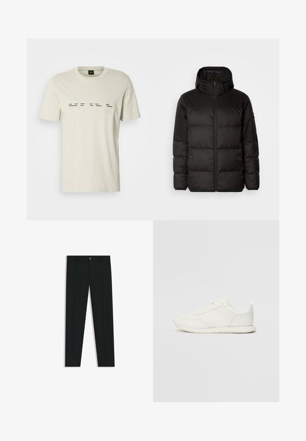 Musta puhvijakku sisältää vetoketjun, hupun, tilkuista koostuvia osioita ja joustavat hihansuut. Se on valmistettu sileästä, vedenpitävästä materiaalista.; Vaaleanbeige puuvillat-paita, jossa on pyöreä pääntie ja rohkea "BOSS"-logo mustilla raidoilla. Lyhyet hihansuut, normaali istuvuus.; Musta housut, joissa on suora lahje, valmistettu sileästä kankaasta. Edessä nappisulku ja vyölenkit. Yksinkertainen ilman kuvioita.; Valkoiset tennarit, joissa on verkkokankainen ja synteettinen yläosa, pyöreä kärki, litteät nauhat sekä teksturoitu sivuviiru. Kumipohja ja vetoketju takana.