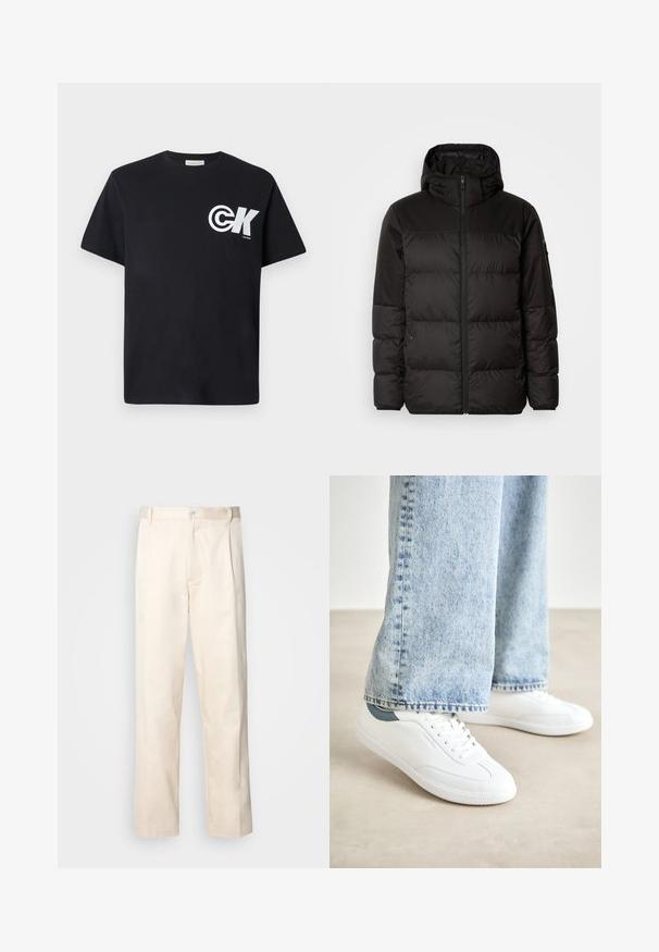 A jaqueta puffer preta apresenta um fecho zip, um capuz, secções acolchoadas e punhos elásticos, confeccionada em um material liso e resistente à água.; T-shirt de algodão preto com mangas curtas, apresentando um grande logótipo branco na área do peito esquerdo e um decote redondo.; Calças de algodão bege com corte reto, apresentando um fecho de botão e pregas na frente para um detalhe adicional.; Ténis brancos com material suave, design de atacadores, sola de borracha texturizada e um detalhe em teal no calcanhar, combinados com jeans azul claro.