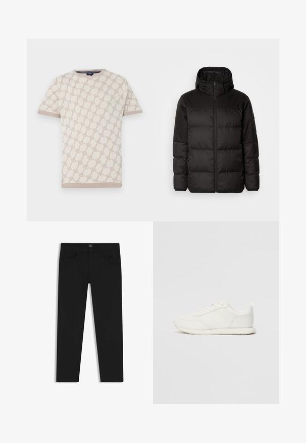 Black puffer jacket features a zip closure, a hood, quilted sections, and elastic cuffs, made from a smooth, water-resistant material.; Short-sleeved cream knit sweater with a tan abstract pattern. Ribbed crew neck and cuffs, featuring a smooth texture. Brand label visible.; Black denim trousers with a straight cut, featuring a standard waistband, five pockets, and a button closure. Smooth texture throughout.; White sneaker with a mesh and synthetic upper, round toe, flat laces, and a textured side stripe. Rubber sole with a pull tab at the back.