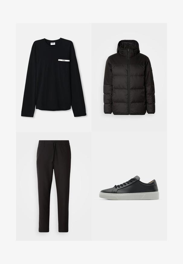 Črna zimska jakna ima zadrgo, kapuco, prešite odseke in elastične manšete, izdelana je iz gladkega, vodoodpornega materiala.; Črna dolgoročna majica z dolgimi rokavi iz mehkega bombaža, z žepom na prsih in belim trakom ter oznako. Okrogli dekolte in ravni rob.; Črne jogger hlače iz gladkega blaga. Imajo elastičen pas z vrvico, zožane hlačnice in brez vidnih žepov. Enostaven dizajn.; Črne usnjene teniske z gladko teksturo, okroglo konico in črnimi vezalkami. Imajo debel bel gumijast podplat s subtilnimi geometrijskimi poudarki.