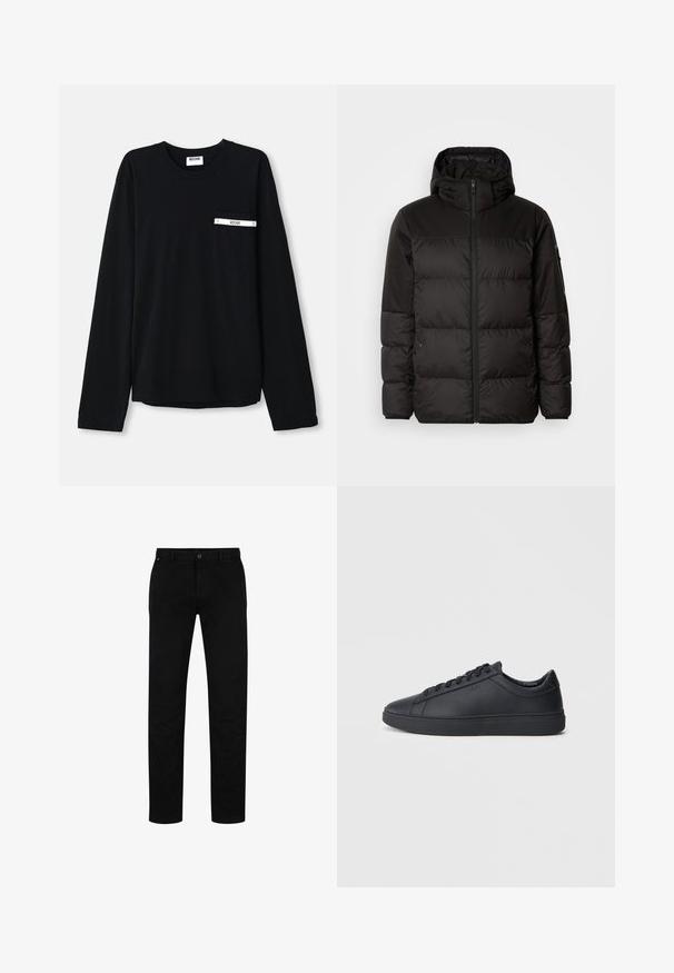 Black puffer jacket features a zip closure, a hood, quilted sections, and elastic cuffs, made from a smooth, water-resistant material.; Black long-sleeve t-shirt made of cotton. Features a front pocket with a white accent stripe and logo. Simple, classic design with a crew neckline.; Black cotton trousers with a straight fit, featuring a button closure, belt loops, and minimalistic design. Smooth texture, no patterns.; Black sneakers made of smooth leather with a low-top design, round toe, and flat rubber sole. Features laces and subtle branding.