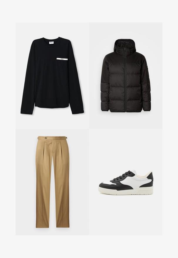 Czarna kurtka puchowa z zapięciem na zamek, kapturem, pikowanymi sekcjami i elastycznymi mankietami, wykonana z gładkiego, wodoodpornego materiału.; Czarna, długosleeve'owa koszulka z miękkiej bawełny, z kieszonką na piersi z białą taśmą i detalem etykiety. Okrągły dekolt i prosty dół.; Beżowe spodnie o prostym kroju, z zakładkami, zapięciem na guzik i szlufkami na pasek. Gładka tkanina o czystym, dopasowanym wyglądzie.; Czarno-biała sneaker z gładką skórzaną cholewką, zaokrąglonym noskiem i płaską gumową podeszwą. Posiada czarne sznurowadła i miękką wyściółkę wewnętrzną.