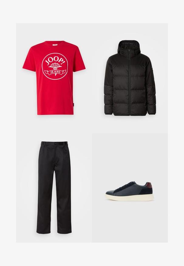 Juodas pūkinis švarkas turi užtrauktuką, gobtuvą, siūlinčius skyrius ir elastinius rankogalius, pagamintas iš lygaus, vandeniui atsparaus medžiagos.; Raudona medvilninė marškinė su dideliu baltu apskritimu, kuriame yra tekstas "JOOP! JEANS" ir gėlių grafika centre. Trumpomis rankovėmis, apvaliu kaklu.; Juodi kelniukai, pagaminti iš lygaus audinio, su užsegimu priekyje, raukšlėmis ir tiesiomis kojomis. Nėra matomų raštų ar akcentų.; Juodos odinės ir zomšinės vyriškos žemos sportinės avalynės su bordo spalvos kulkšnių juostele ir balto kaučiuko padu vaizdas iš išorės.